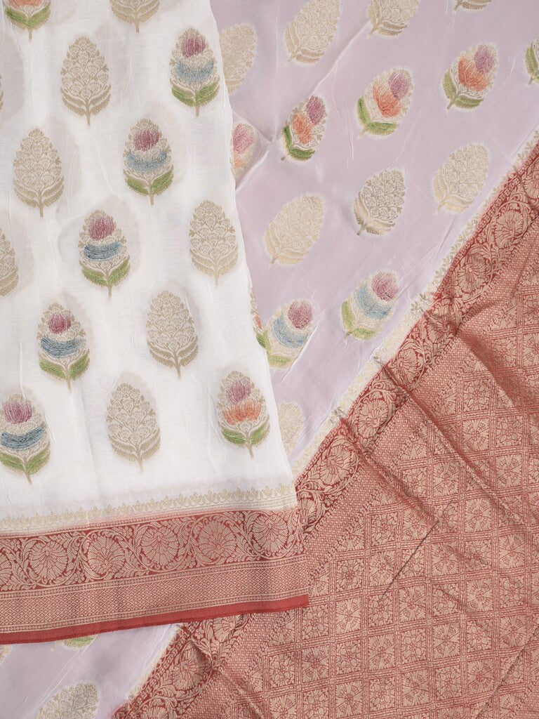 Georgette fancy saree white color allover zari motifs & zari border with zari pallu and contrast plain blouse