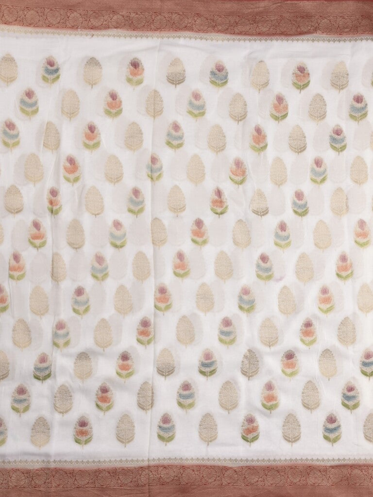 Georgette fancy saree white color allover zari motifs & zari border with zari pallu and contrast plain blouse