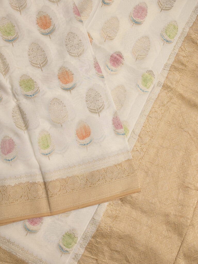 Georgette fancy saree white color allover zari motifs & zari border with zari pallu and contrast plain blouse