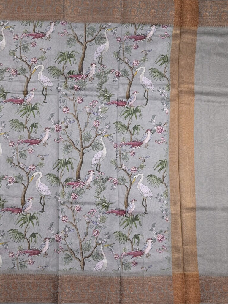 Chanderi fancy saree grey color allover prints & zari border with short pallu and printed blouse