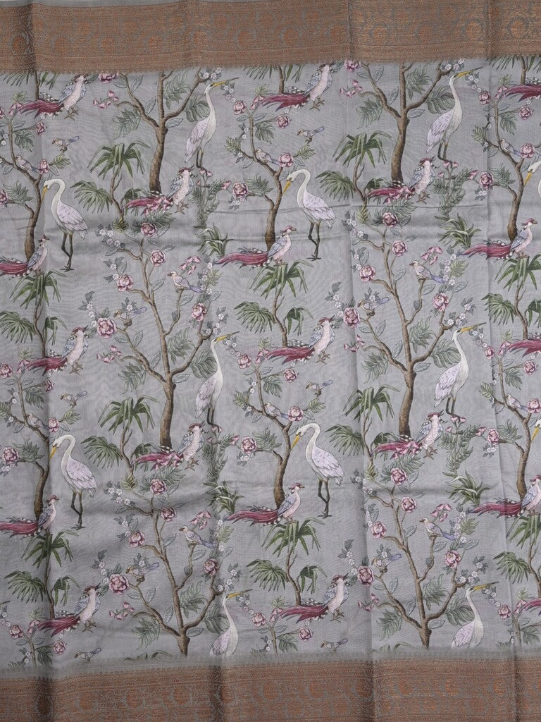 Chanderi fancy saree grey color allover prints & zari border with short pallu and printed blouse