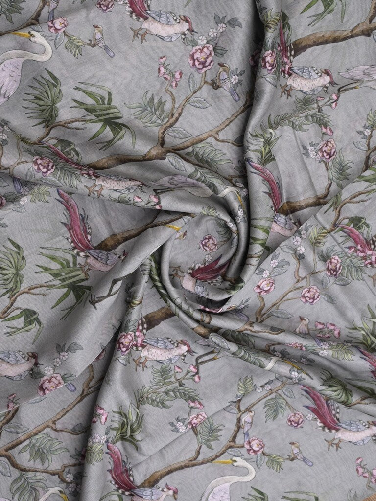 Chanderi fancy saree grey color allover prints & zari border with short pallu and printed blouse