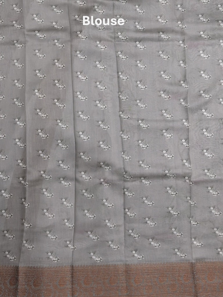 Chanderi fancy saree grey color allover prints & zari border with short pallu and printed blouse