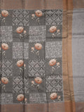 Chanderi fancy saree dark grey color allover prints & zari border with short pallu and printed blouse