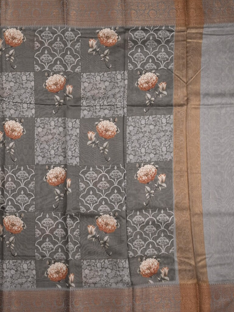 Chanderi fancy saree dark grey color allover prints & zari border with short pallu and printed blouse