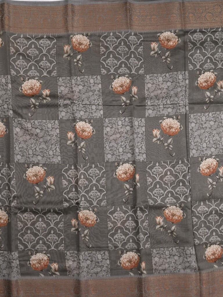 Chanderi fancy saree dark grey color allover prints & zari border with short pallu and printed blouse