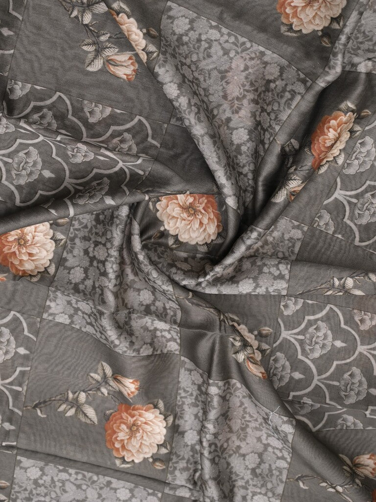 Chanderi fancy saree dark grey color allover prints & zari border with short pallu and printed blouse