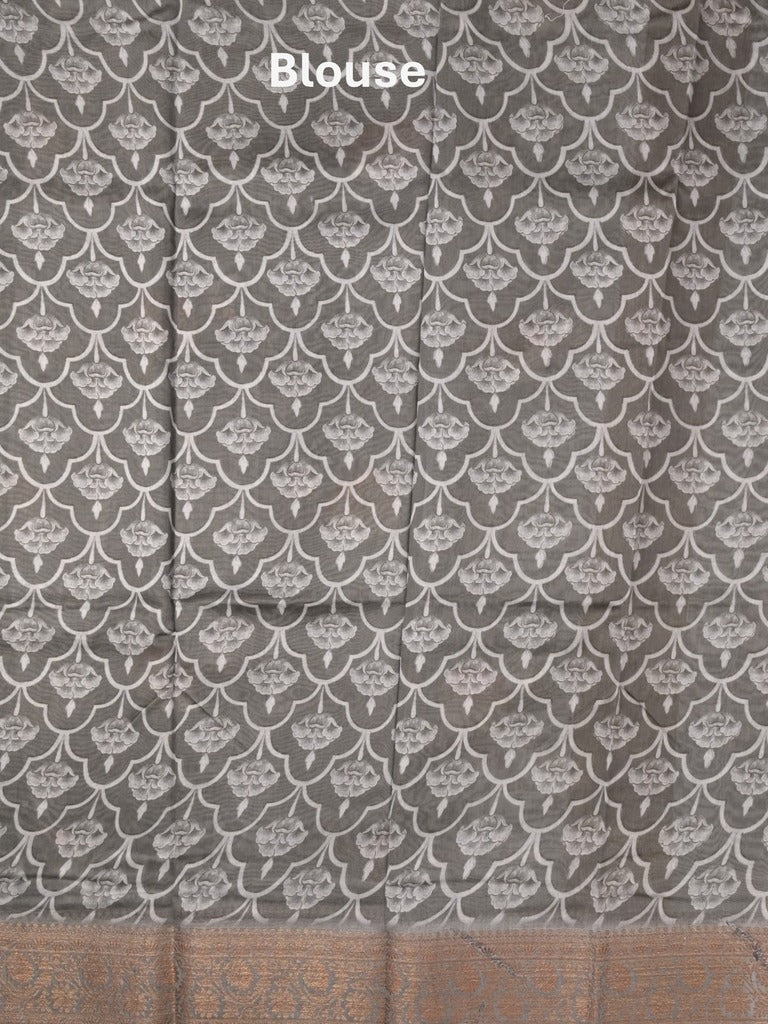 Chanderi fancy saree dark grey color allover prints & zari border with short pallu and printed blouse