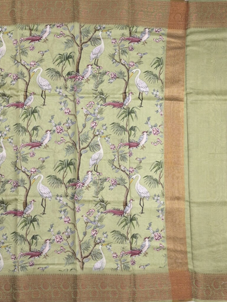 Chanderi fancy saree light pista green color allover prints & zari border with short pallu and printed blouse