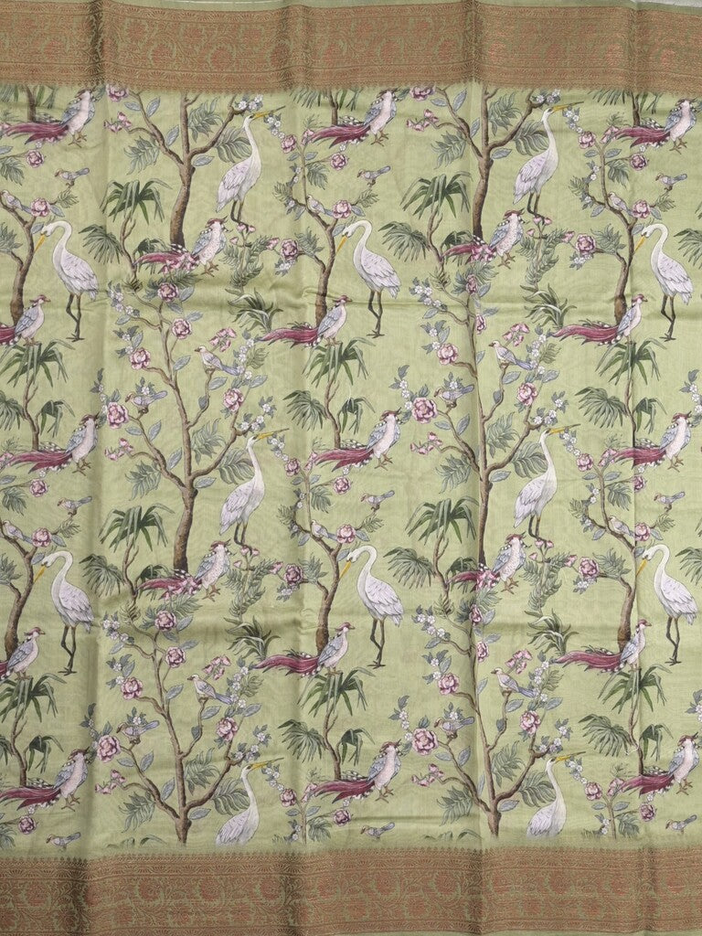 Chanderi fancy saree light pista green color allover prints & zari border with short pallu and printed blouse