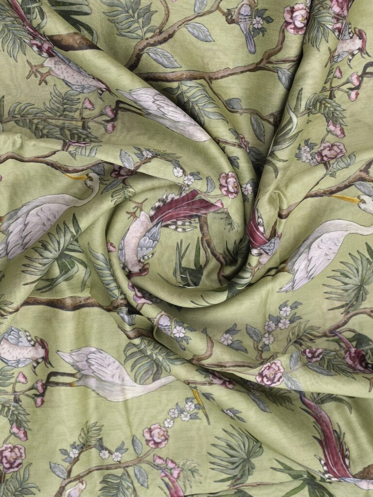 Chanderi fancy saree light pista green color allover prints & zari border with short pallu and printed blouse