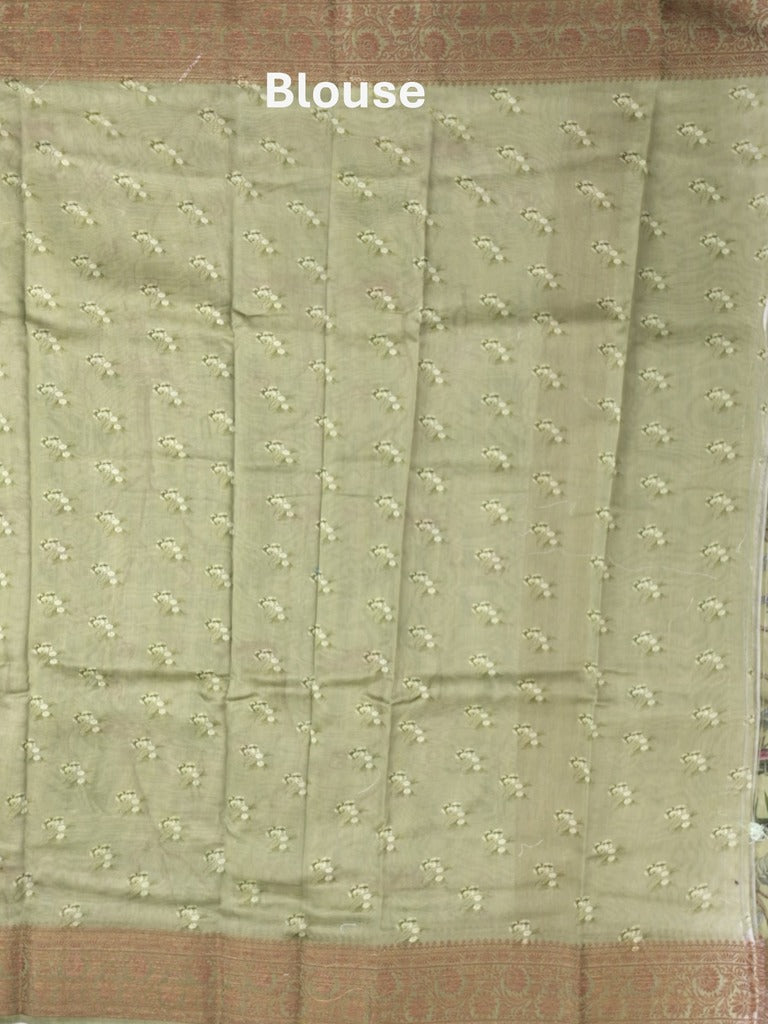 Chanderi fancy saree light pista green color allover prints & zari border with short pallu and printed blouse