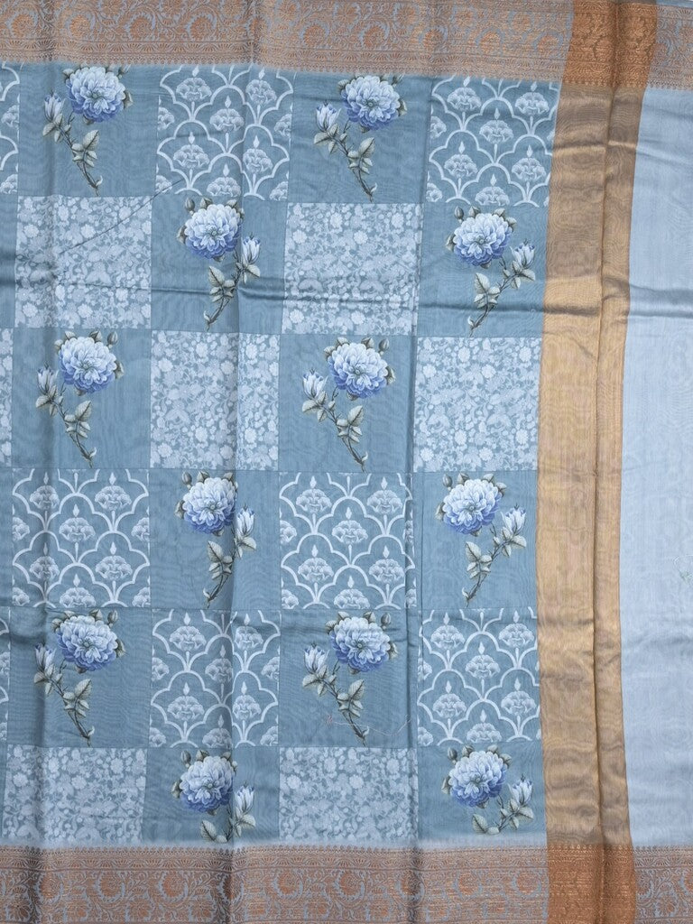 Chanderi fancy saree sky blue color allover prints & zari border with short pallu and printed blouse