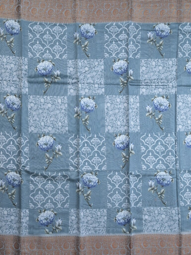 Chanderi fancy saree sky blue color allover prints & zari border with short pallu and printed blouse