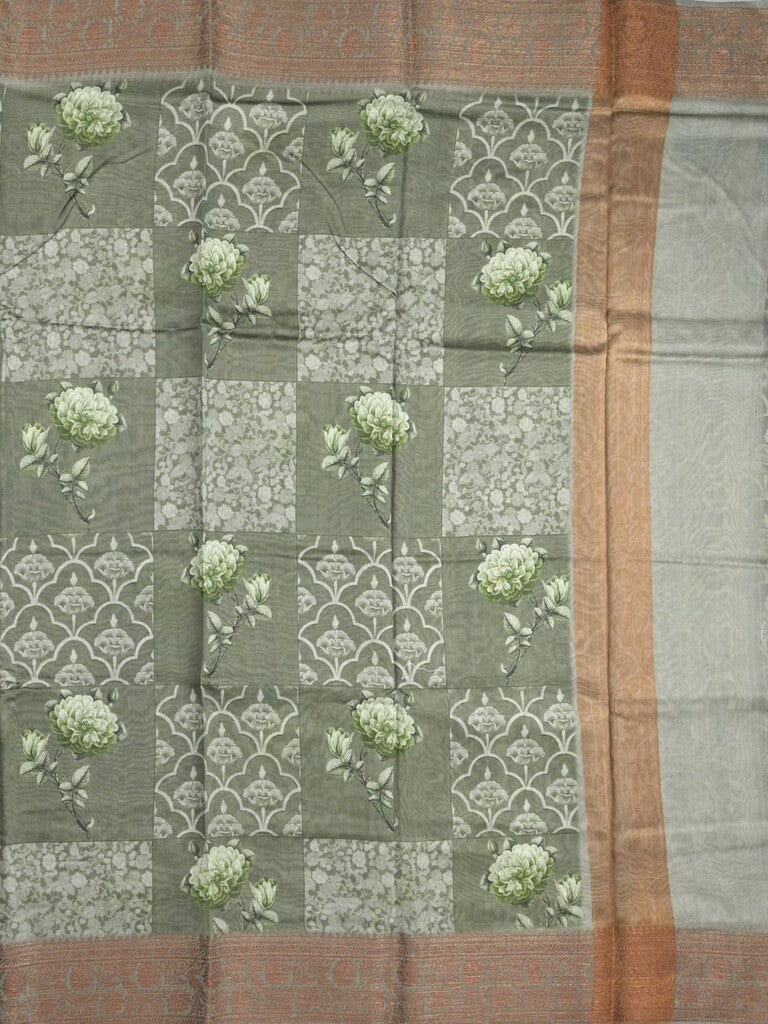 Chanderi fancy saree grey color allover prints & zari border with short pallu and printed blouse