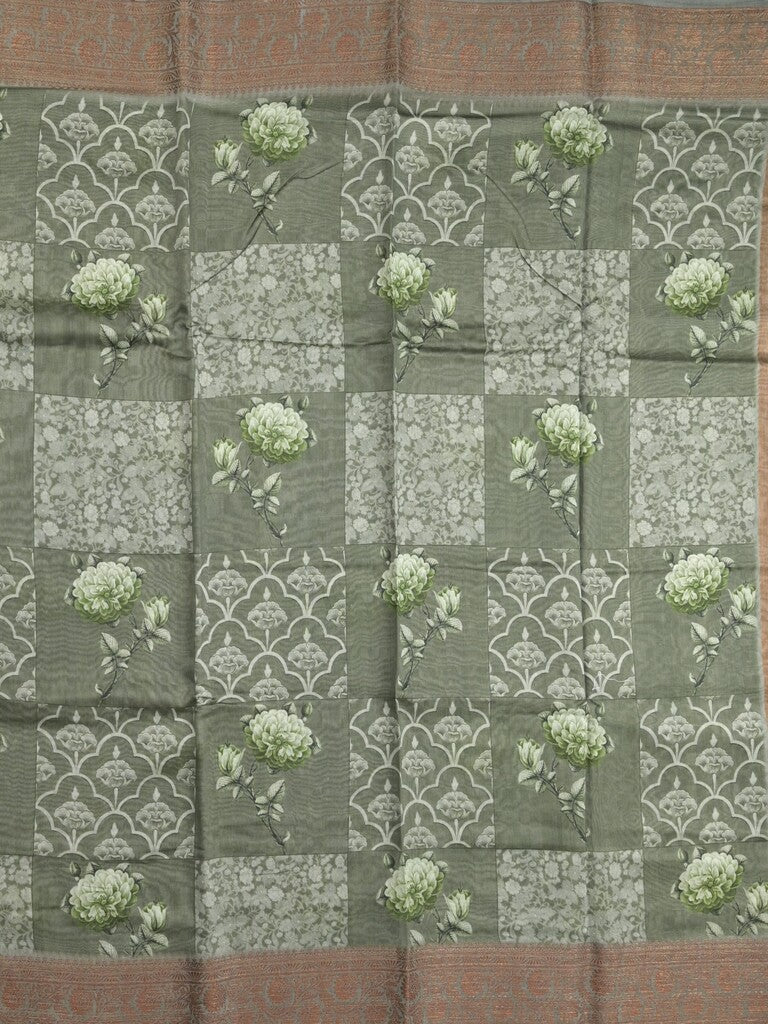 Chanderi fancy saree grey color allover prints & zari border with short pallu and printed blouse