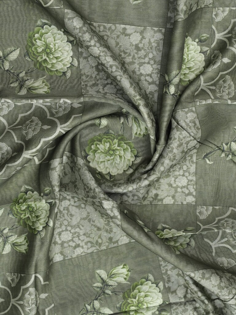 Chanderi fancy saree grey color allover prints & zari border with short pallu and printed blouse