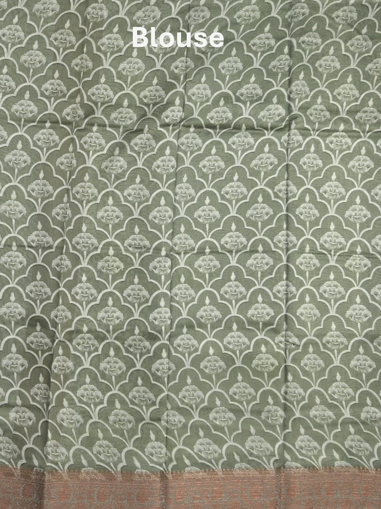 Chanderi fancy saree grey color allover prints & zari border with short pallu and printed blouse