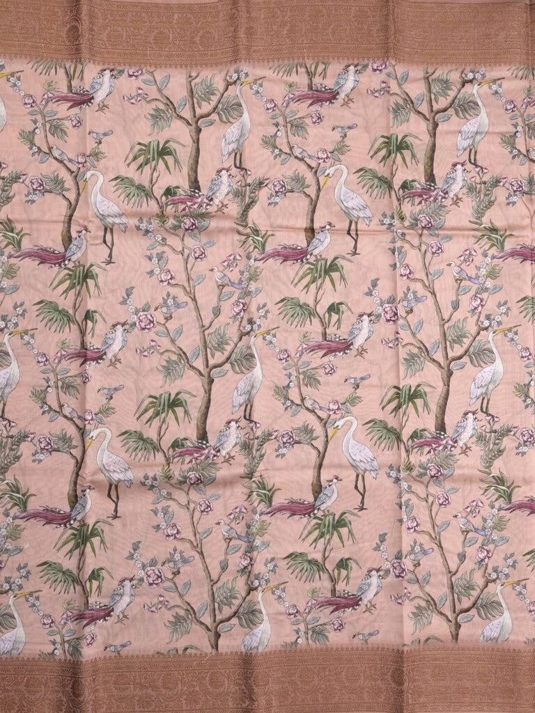 Chanderi fancy saree light peach color allover prints & zari border with short pallu and printed blouse