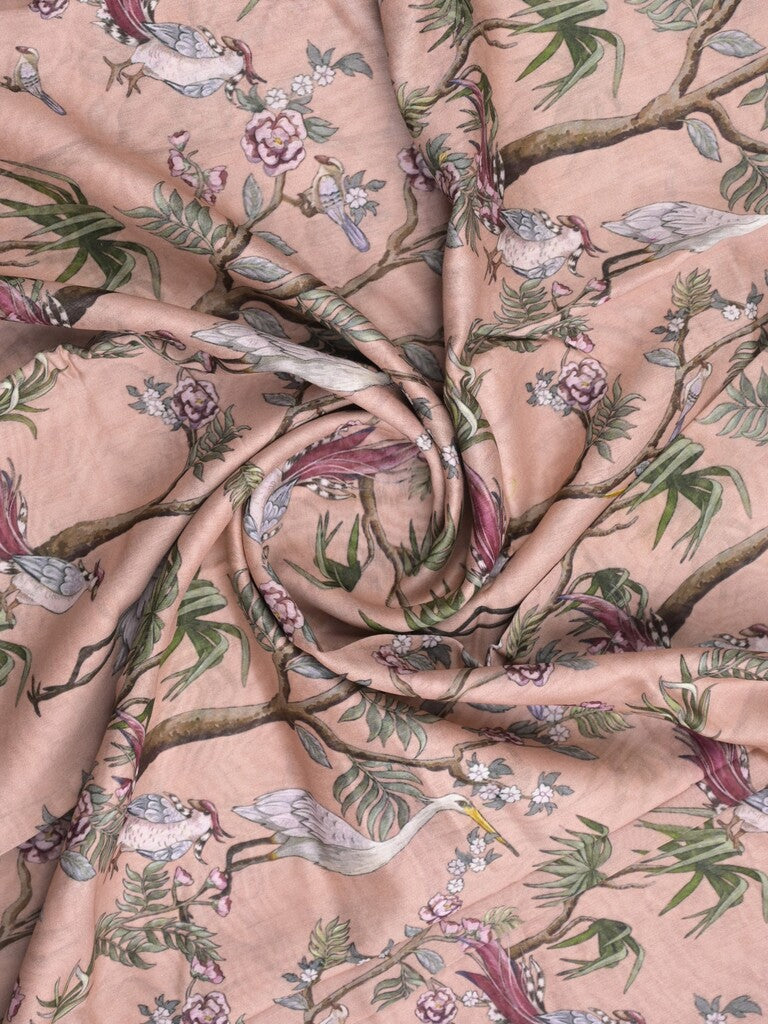 Chanderi fancy saree light peach color allover prints & zari border with short pallu and printed blouse