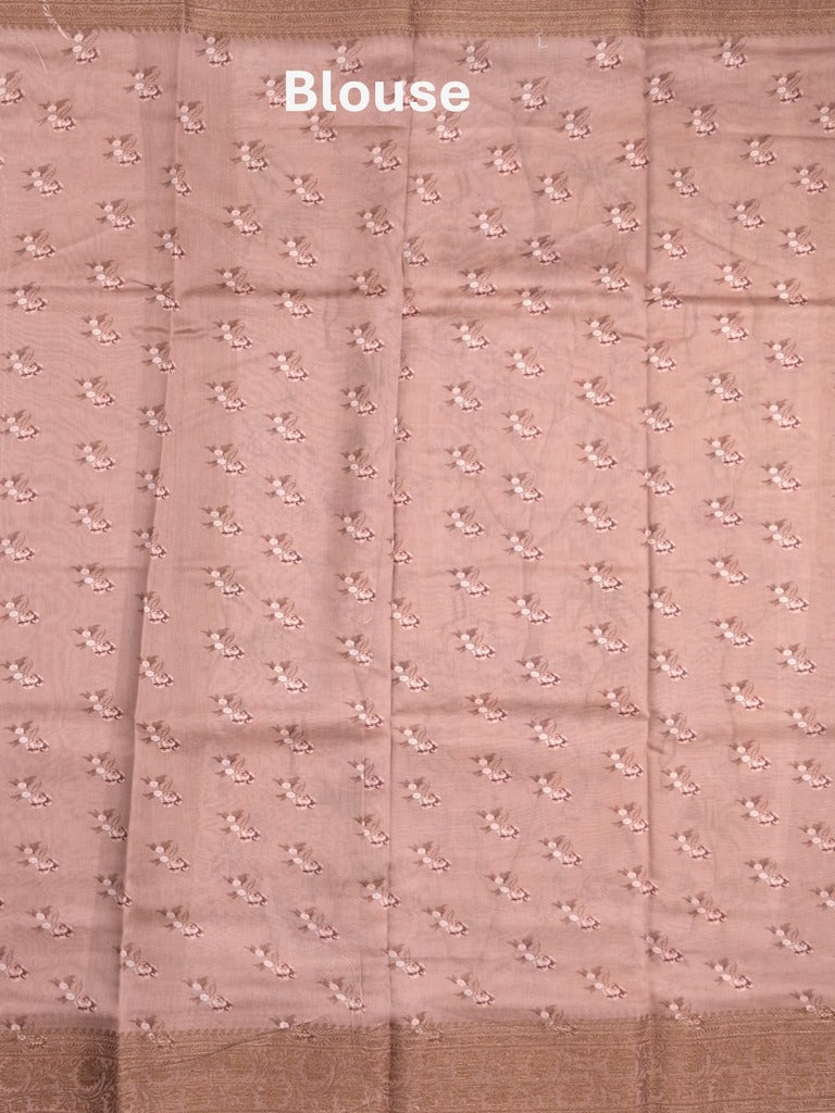 Chanderi fancy saree light peach color allover prints & zari border with short pallu and printed blouse