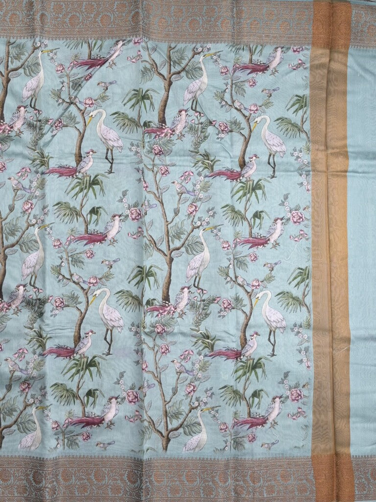 Chanderi fancy saree light blue color allover prints & zari border with short pallu and printed blouse