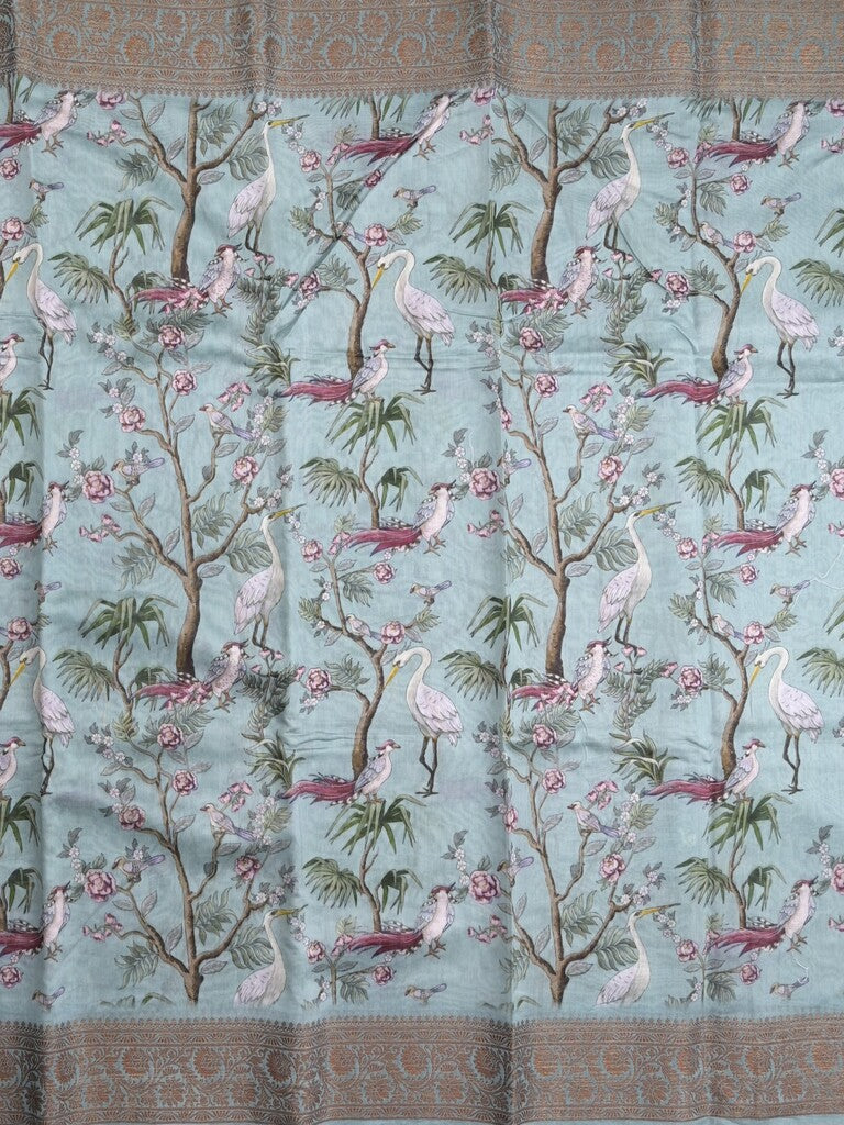 Chanderi fancy saree light blue color allover prints & zari border with short pallu and printed blouse