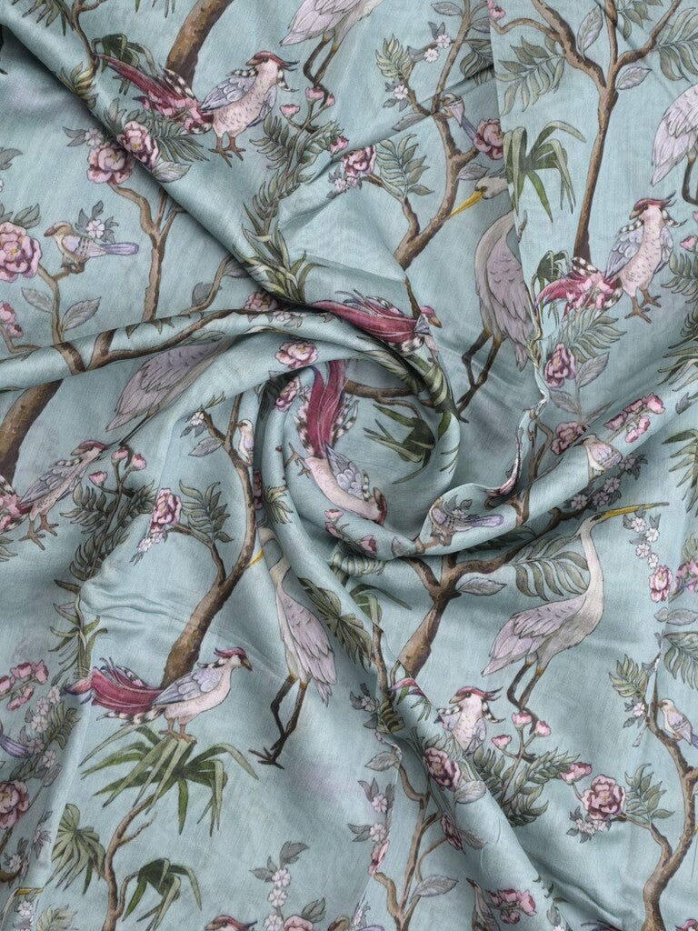 Chanderi fancy saree light blue color allover prints & zari border with short pallu and printed blouse