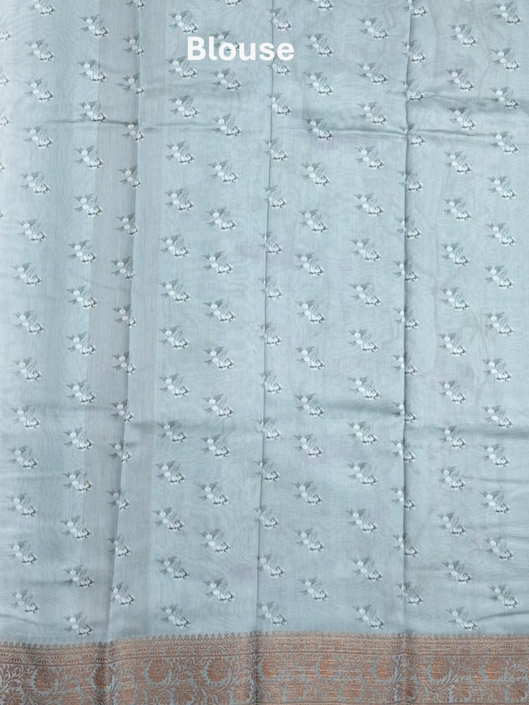 Chanderi fancy saree light blue color allover prints & zari border with short pallu and printed blouse