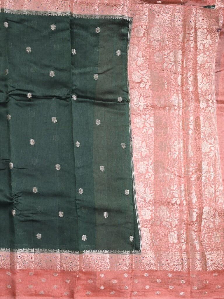 Raw mango fancy saree bottle green color allover zari weaves & zari border with short pallu and contrast blouse