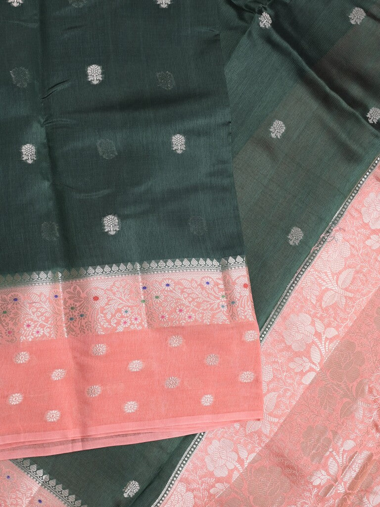 Raw mango fancy saree bottle green color allover zari weaves & zari border with short pallu and contrast blouse