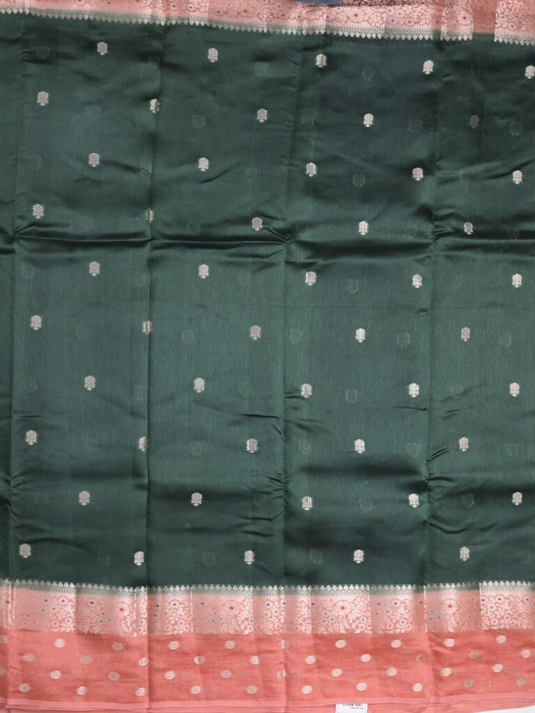 Raw mango fancy saree bottle green color allover zari weaves & zari border with short pallu and contrast blouse