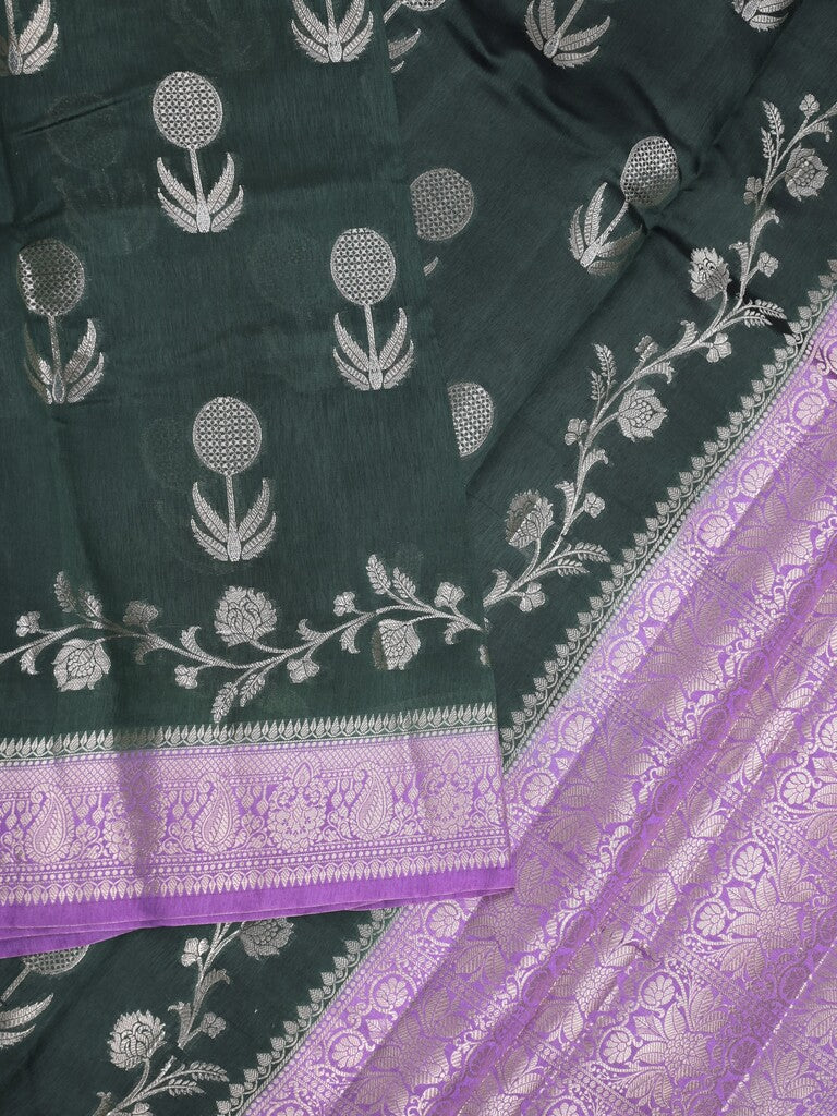 Raw mango fancy saree black color allover zari weaves & zari border with short pallu and contrast blouse