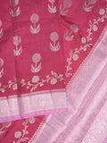 Raw mango fancy saree cherry red color allover zari weaves & zari border with short pallu and contrast blouse