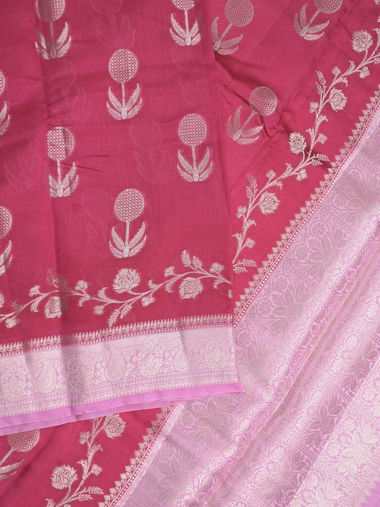 Raw mango fancy saree cherry red color allover zari weaves & zari border with short pallu and contrast blouse