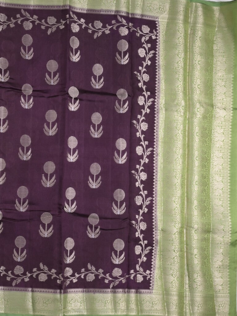 Raw mango fancy saree dark wine color allover zari weaves & zari border with short pallu and contrast blouse