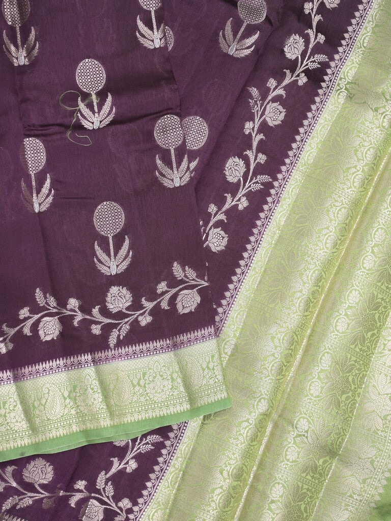 Raw mango fancy saree dark wine color allover zari weaves & zari border with short pallu and contrast blouse
