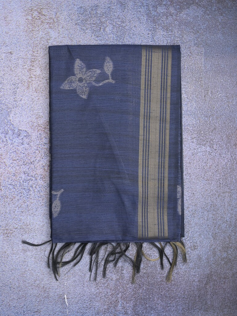 Tussar fancy saree navy blue color allover prints & plain gold border with printed pallu and self blouse