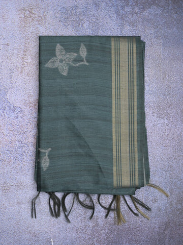 Tussar fancy saree bluish grey color allover prints & plain gold border with printed pallu and self blouse
