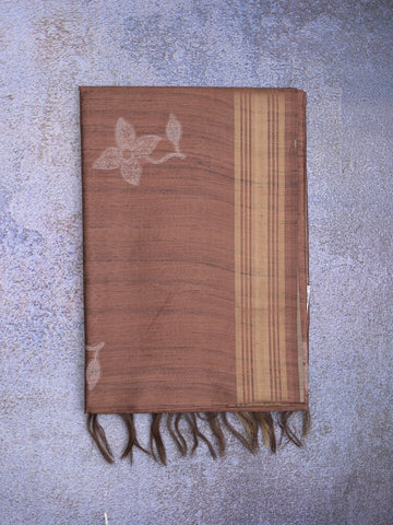 Tussar fancy saree brown color allover prints & plain gold border with printed pallu and self blouse