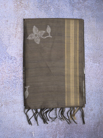 Tussar fancy saree snuff color allover prints & plain gold border with printed pallu and self blouse