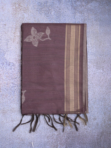 Tussar fancy saree wine color allover prints & plain gold border with printed pallu and self blouse