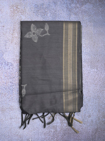 Tussar fancy saree dark grey color allover prints & plain gold border with printed pallu and self blouse