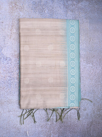 Tussar fancy saree light grey color allover motifs & weaving border with contrast pallu and attached blouse