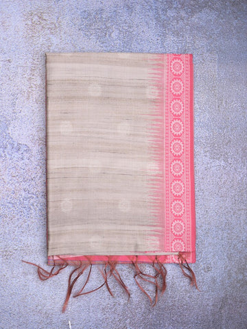 Tussar fancy saree light grey color allover motifs & weaving border with contrast pallu and attached blouse