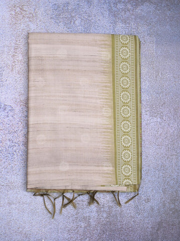 Tussar fancy saree light grey color allover motifs & weaving border with contrast pallu and attached blouse