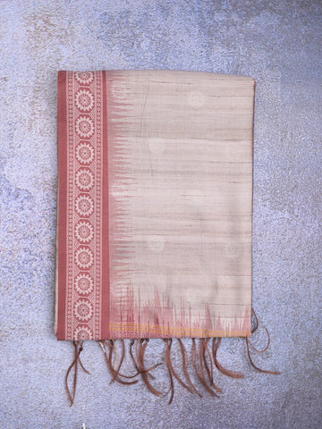 Tussar fancy saree light grey color allover motifs & weaving border with contrast pallu and attached blouse