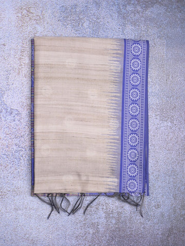 Tussar fancy saree light grey color allover motifs & weaving border with contrast pallu and attached blouse