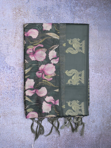 Tussar fancy saree black color allover prints & weaving border with zari pallu and attached blouse
