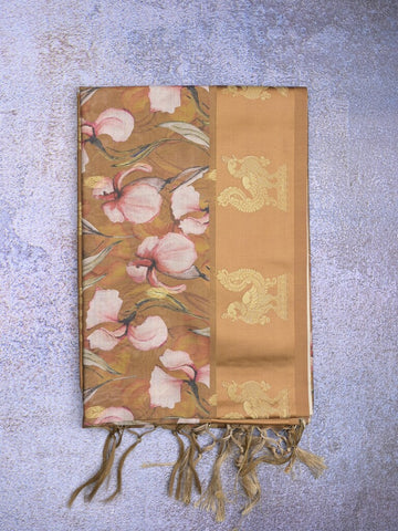 Tussar fancy saree mustard yellow color allover prints & weaving border with zari pallu and attached blouse